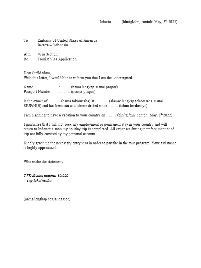 Visa Amerika (Usa) - Contoh Surat Punya Usaha | PDF