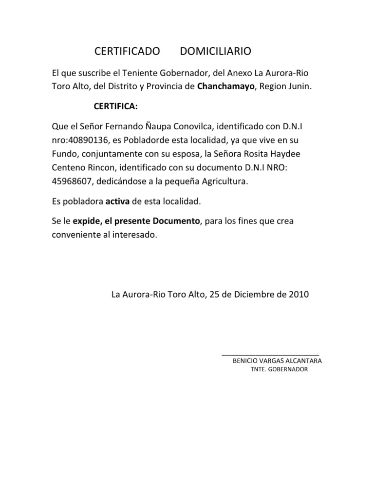 CERTIFICADO DOMICILIARIO