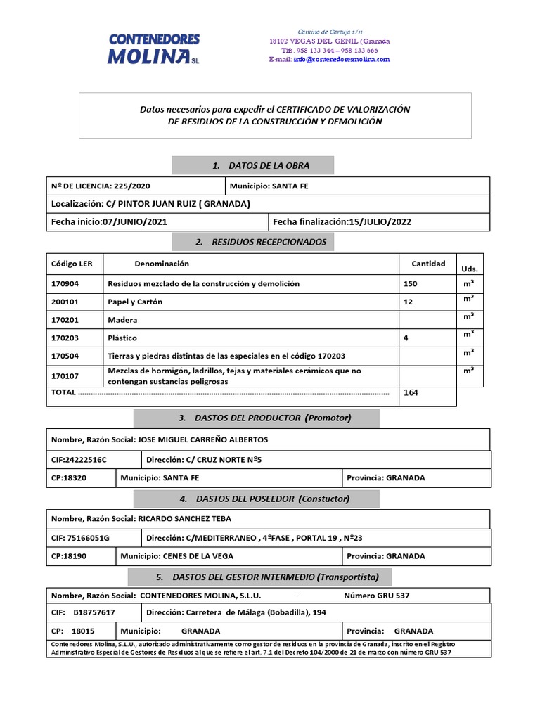 00 Plantilla Certificado Residuos | PDF | Granada | Residuos