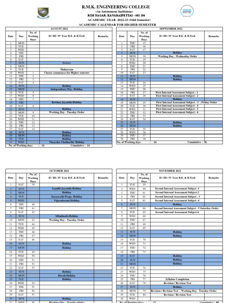 Academic Calendar For Higher Semester 202223 (Odd) Download Free PDF