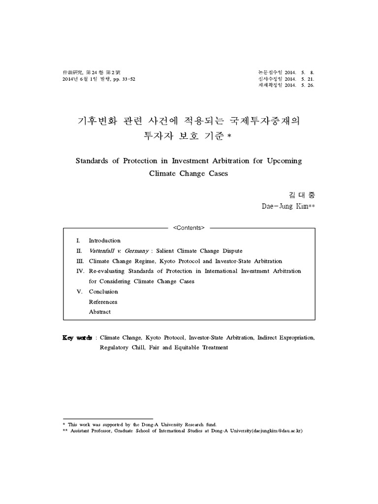 Standards of Protection in Investment Arbitration For Upcoming Climate ...