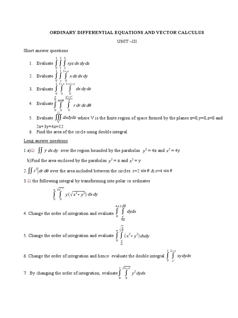 Question bank ODE&VC-1 | PDF | Integral | Geometry