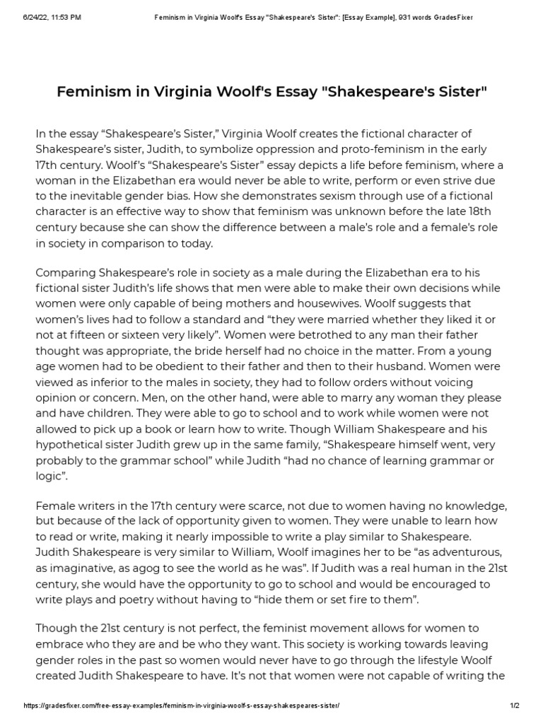 Feminism in Virginia Woolf's Essay Shakespeare's Sister (Essay
