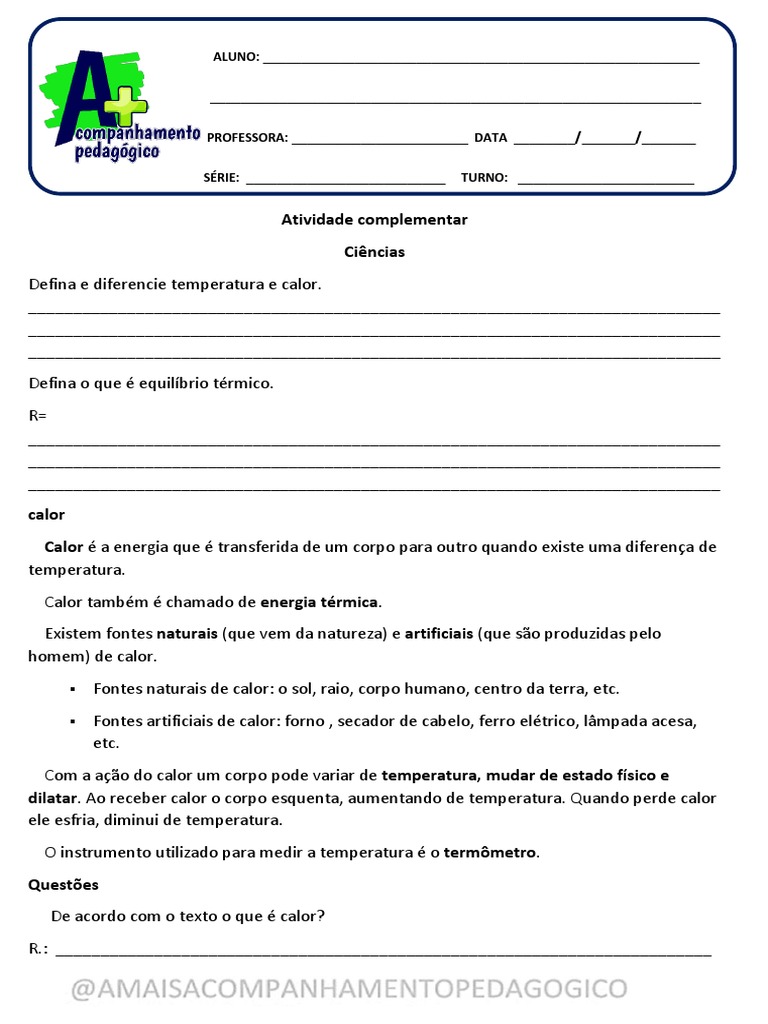 Atividade Complementar 7 Ano Sesi | PDF | Calor | Temperatura