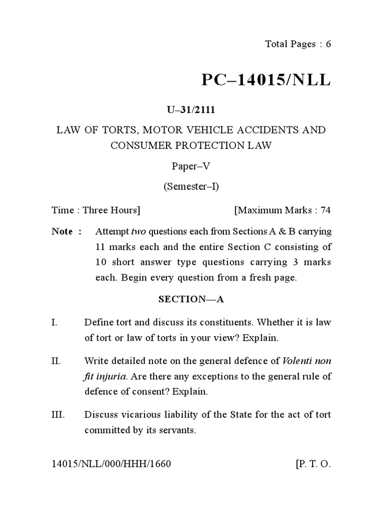 PC14015/NLL Law of Torts, Motor Vehicle Accidents and Consumer