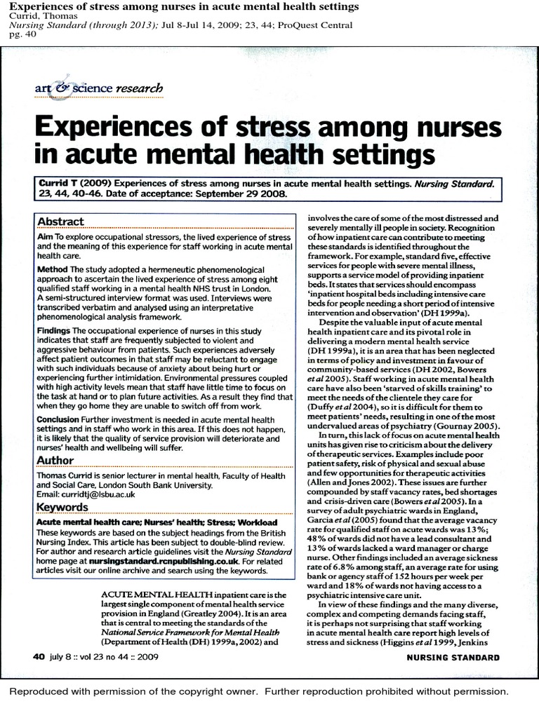 Stress Experiences of Nurses in Mental Health | PDF