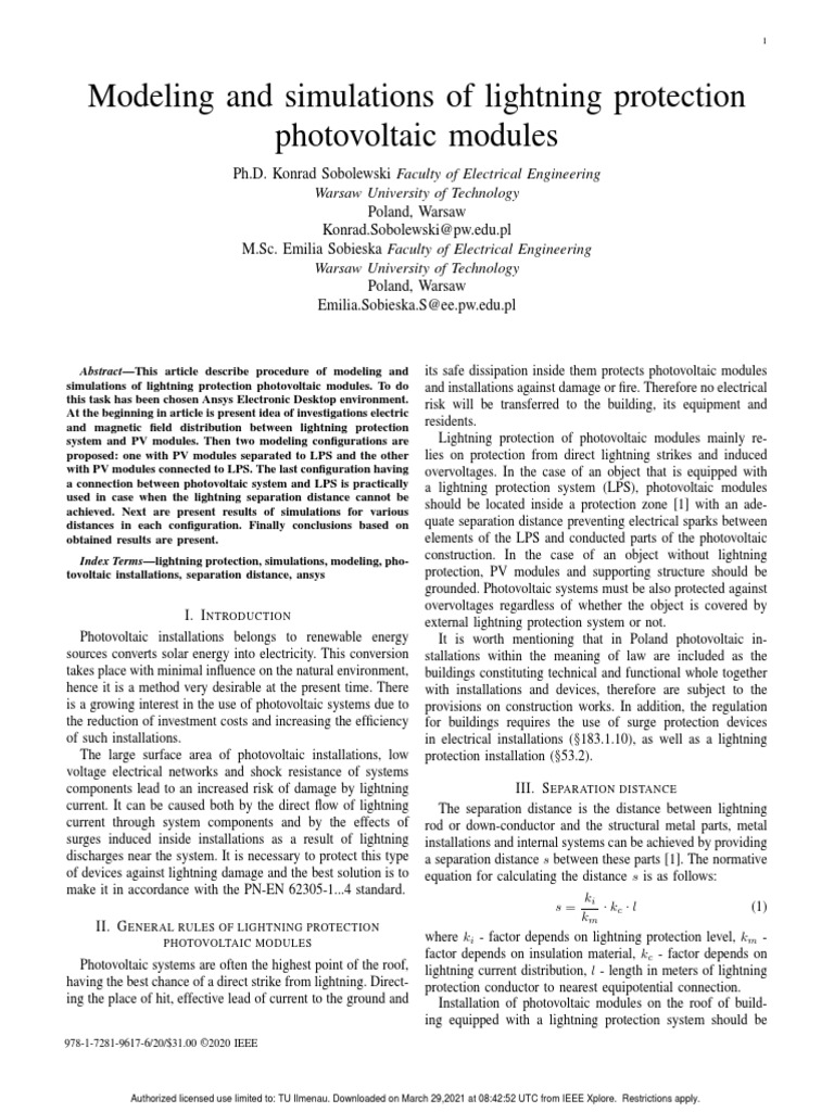 Modeling and Simulations of Lightning Protection Photovoltaic Modules ...