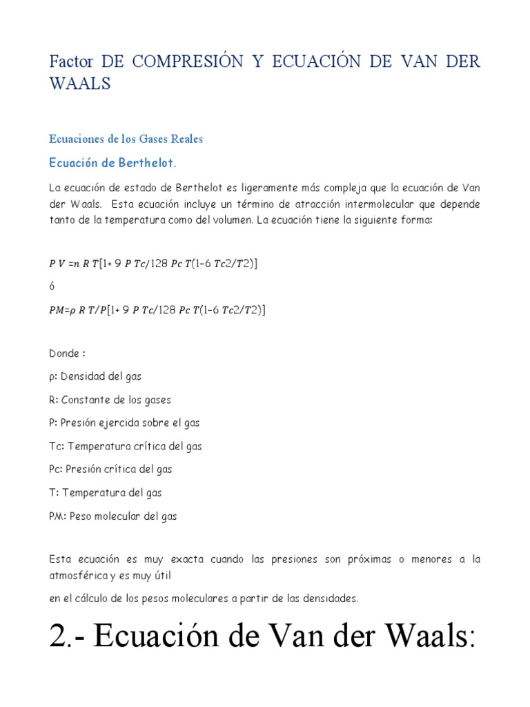 fACTOR DE COMPRESIÓN Y ECUACIÓN DE VAN DER WAALS | PDF | Gases ...