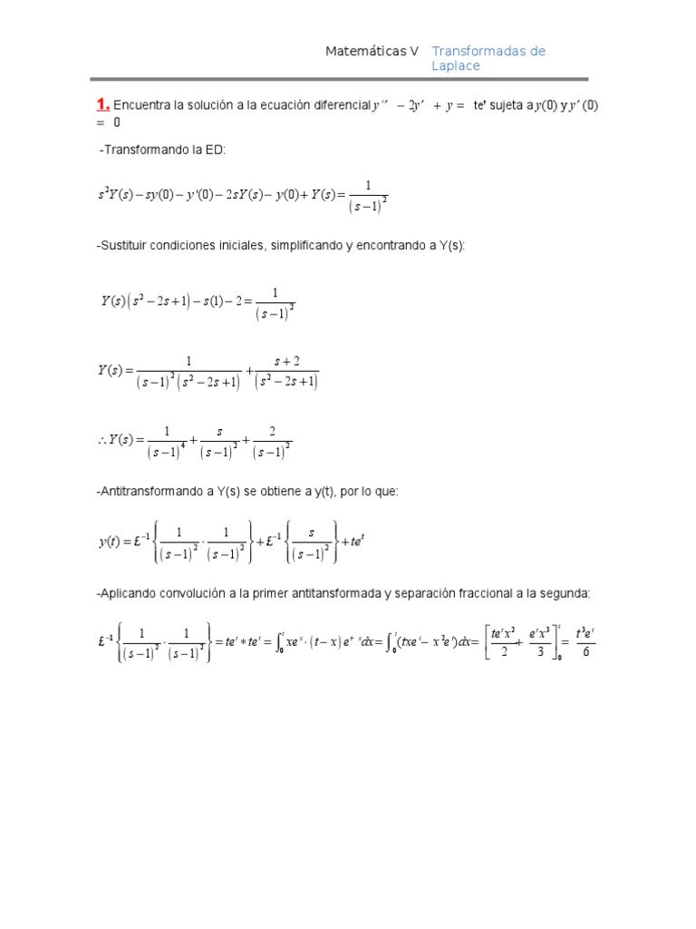 Ejercicios Transformadas de Laplace | PDF | Ecuaciones | Transformada ...