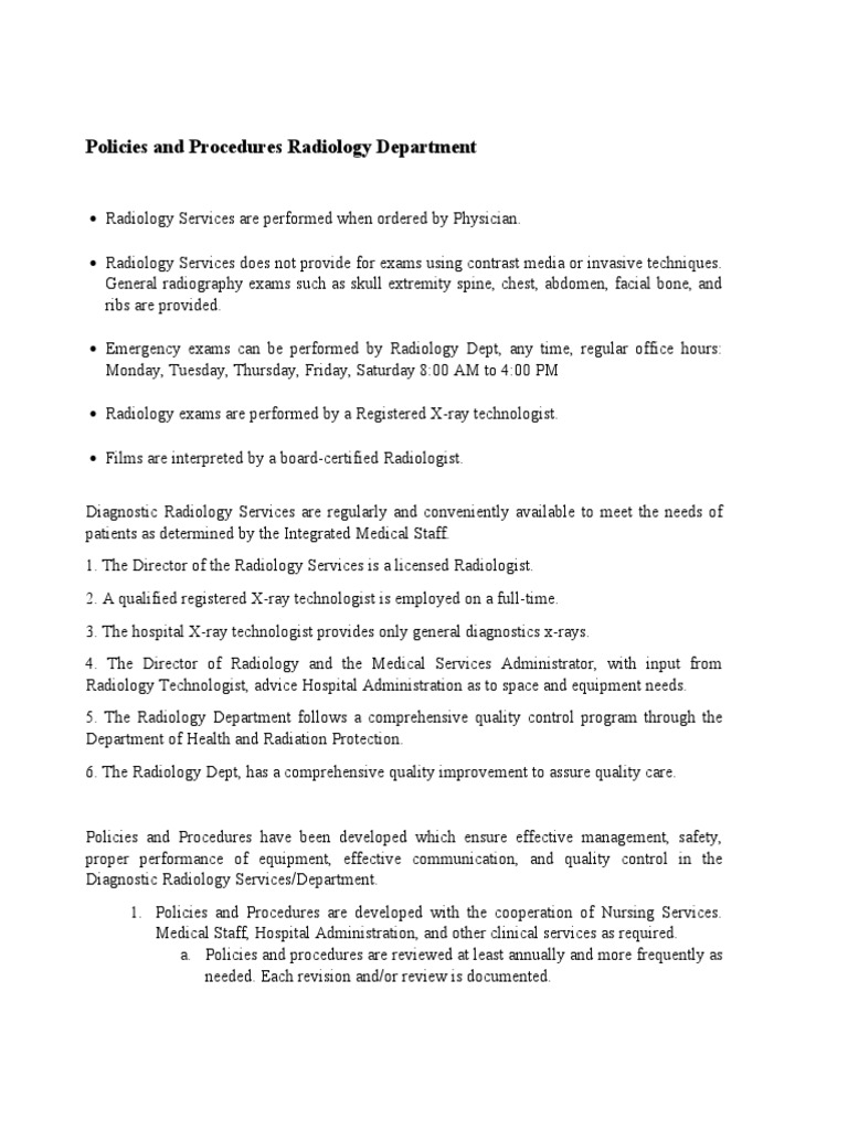 Policies and Procedures Radiology Department PDF Radiology