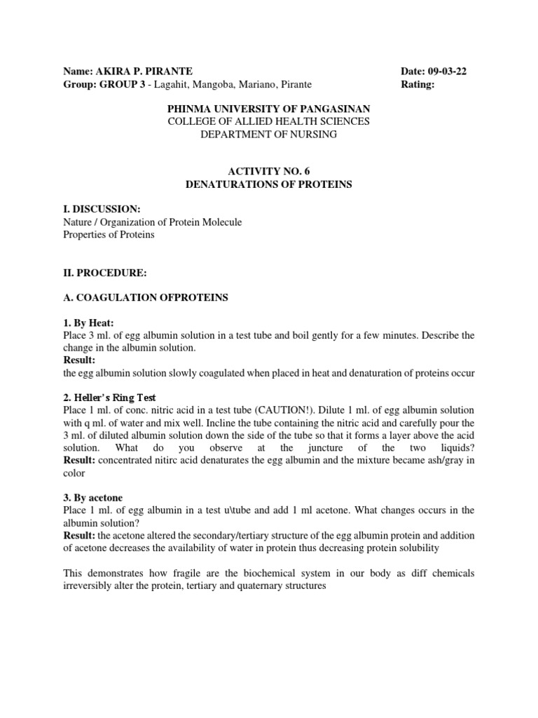 Lab Activity 6 Denaturation of Proteins PDF Denaturation (Biochemistry) Acid