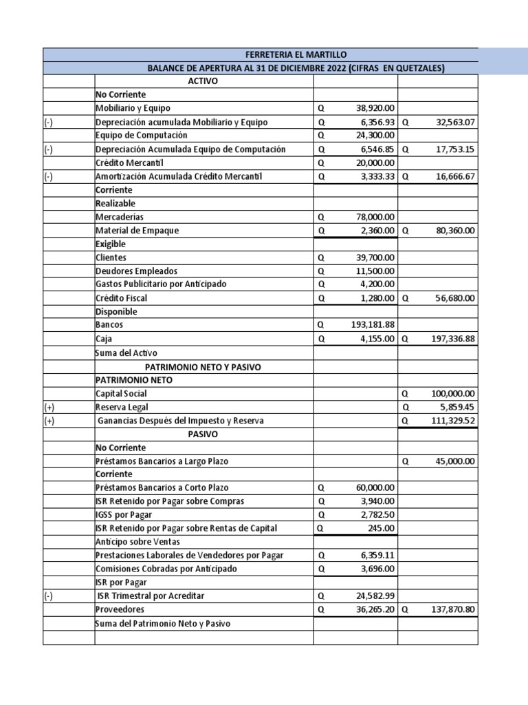 Balance de Apertura Ejercicio 31 | PDF | Bancos | Hoja de balance