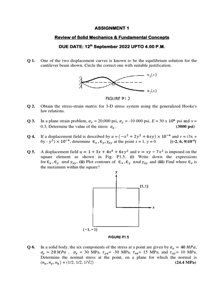 Review of solid mechanics fundamental concepts and solutions to