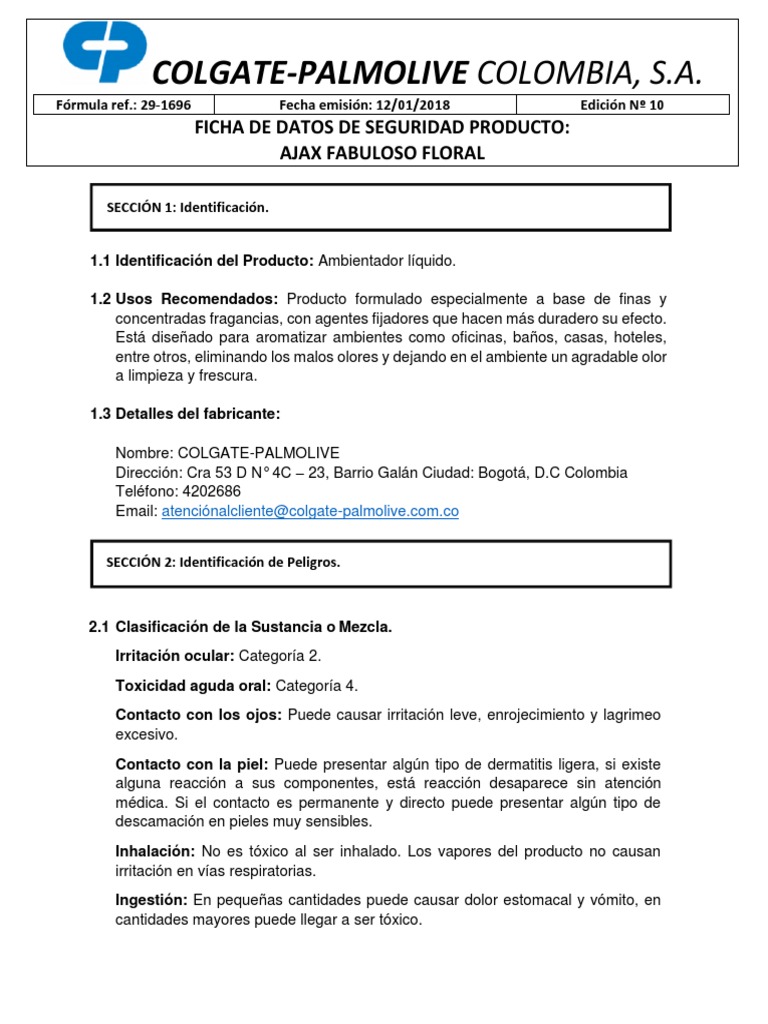 Ficha de Seguridad Fabuloso PDF Agua Química