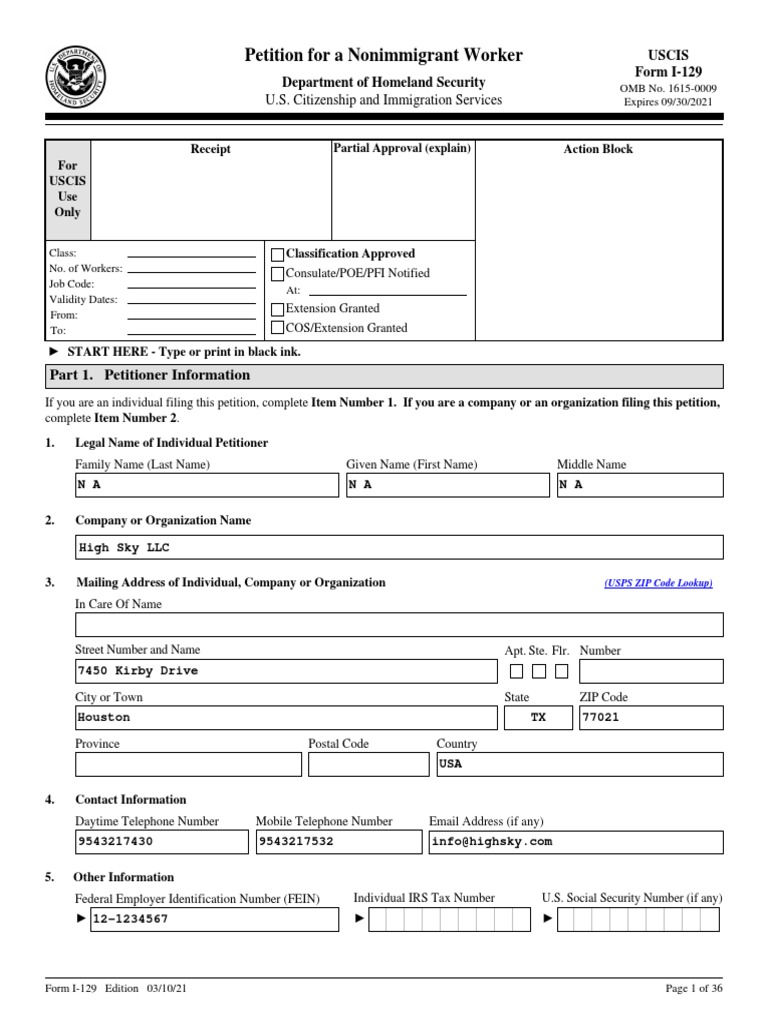 Form I129 Nonimmigrant Worker Petition PDF