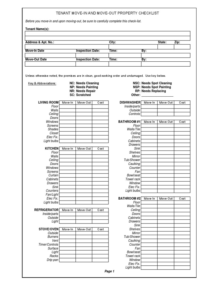 Movein Moveout Checklist Download Free PDF Bathroom Window