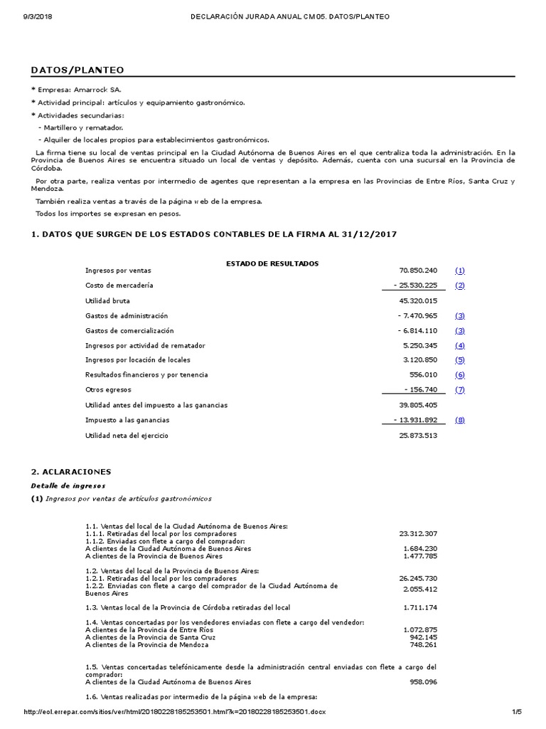 Declaración Jurada Anual Amarrock SA | PDF | Estado de resultados ...