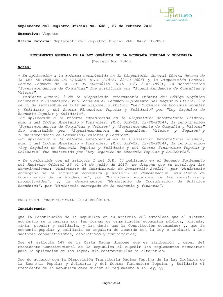 Reglamento General de La Ley Organica de Economia Popular y Solidaria ...