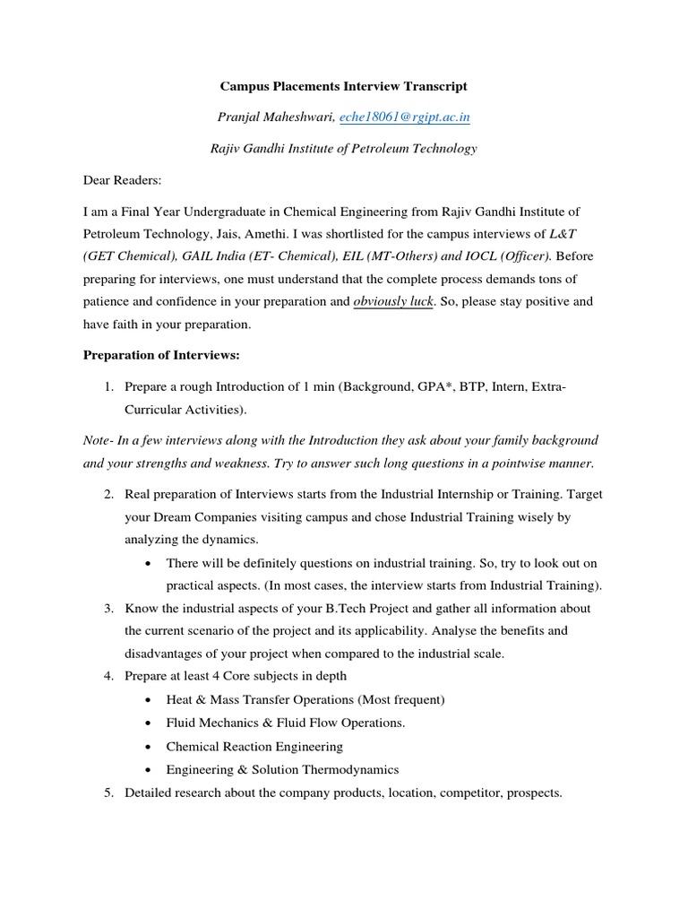 RGIPT Campus Placements Interview Transcript | PDF | Heat Exchanger ...
