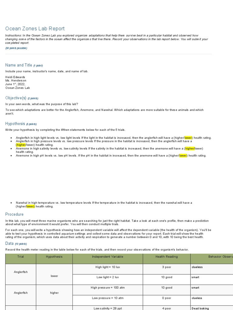 Ocean Zones Lab Report PDF Oceans Habitat
