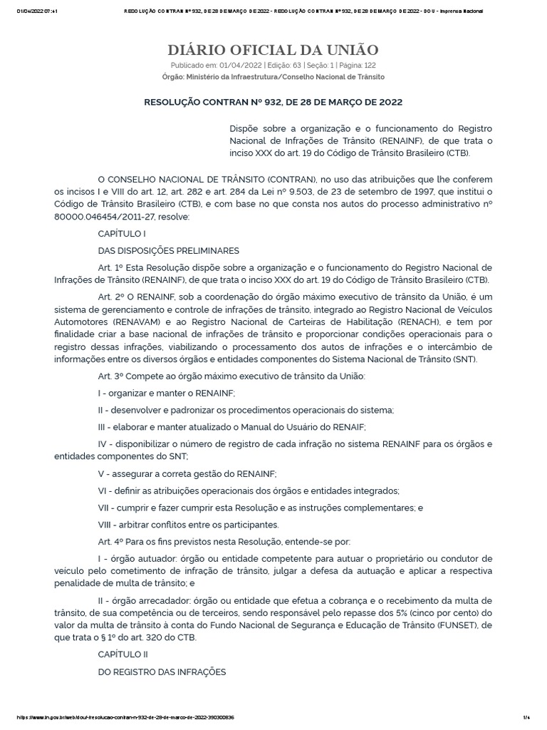 Resolução CONTRAN nº 932/2022 sobre RENAINF | PDF | Tráfego | Multa de ...