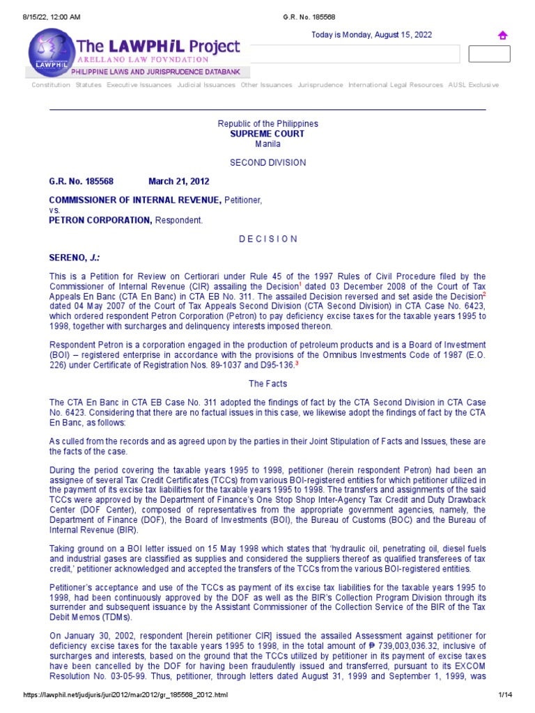 CIR Vs Petron G R No 185568 2012 PDF Taxes Internal Cir vs petron g r no 185568 2012 pdf taxes internal