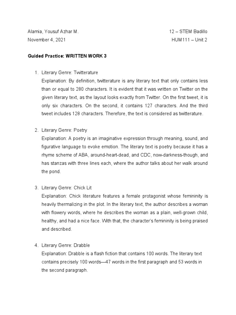 Alamia - Written Work 3 - HUM111 | PDF | General Fiction