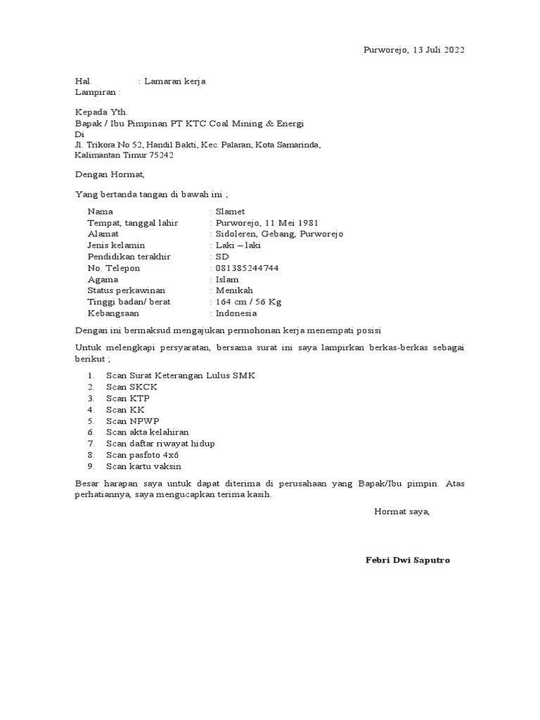 Contoh Surat Lamaran Kerja | PDF