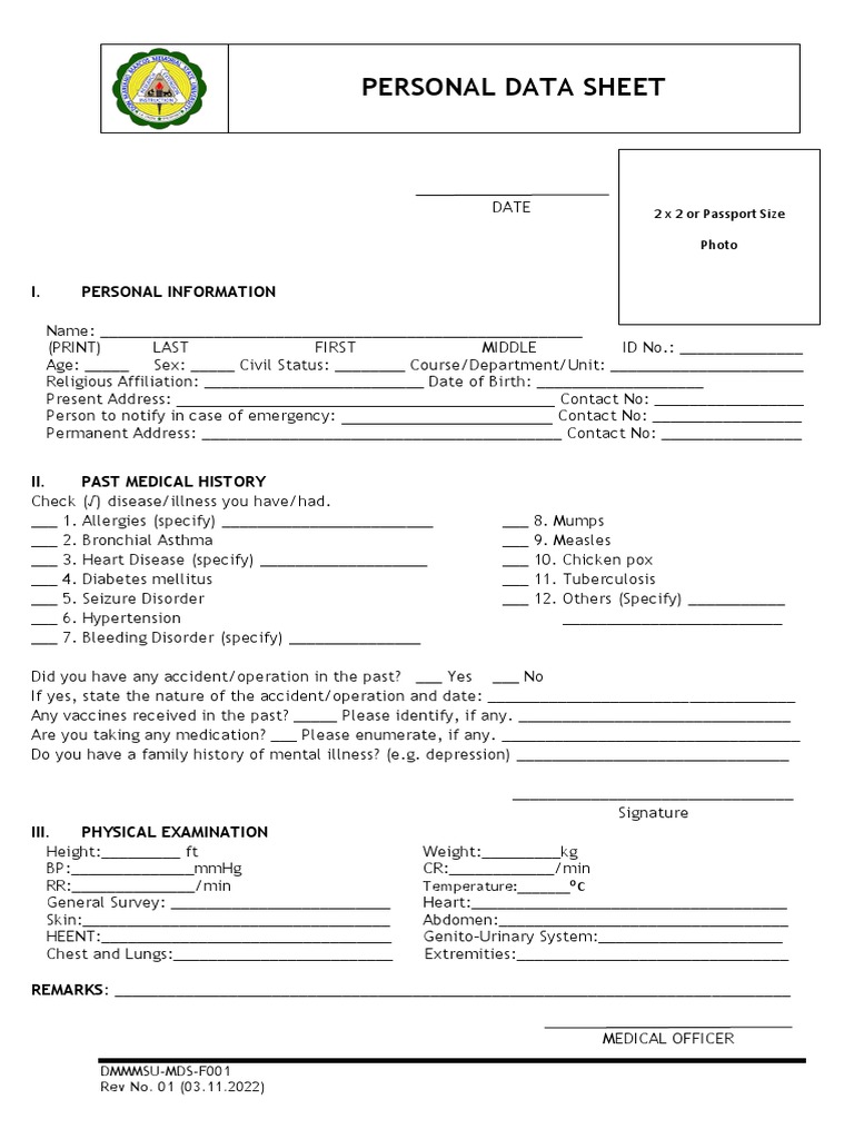 F001 Personal Data Sheet PDF Human Diseases And Disorders