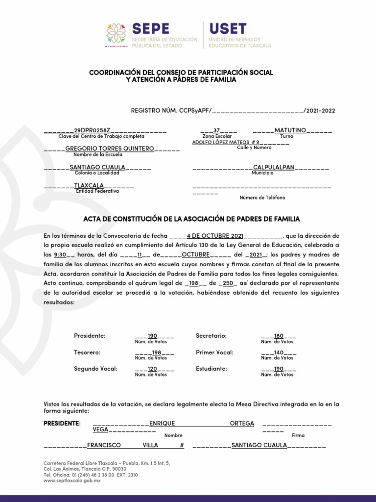 Acta de Asociacion de Padres de Familia 2021-2022 | PDF