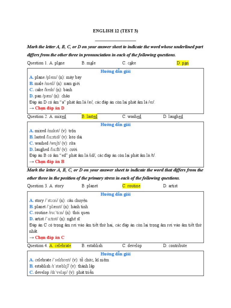 (Hướng Dẫn Giải) English 12 Test 3 | PDF