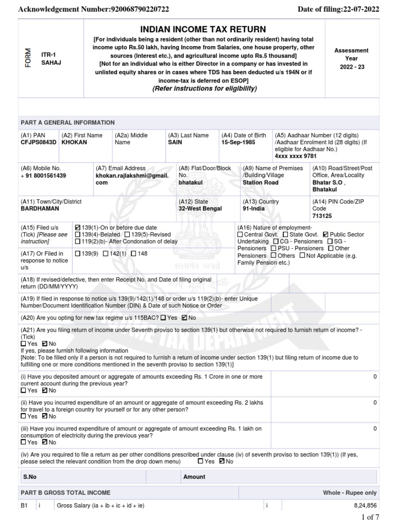 ITR-1 Income Tax Return for AY 2022-23 | PDF | Pension | Tax Refund