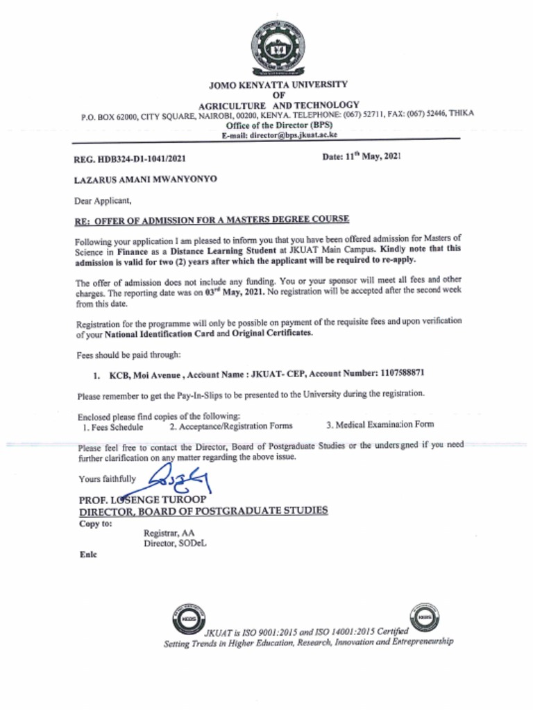 JKUAT Admission Letter PDF