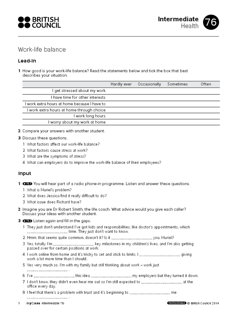 Myclass HO Int 76 Work-Life Balance | PDF | Cognitive Science ...