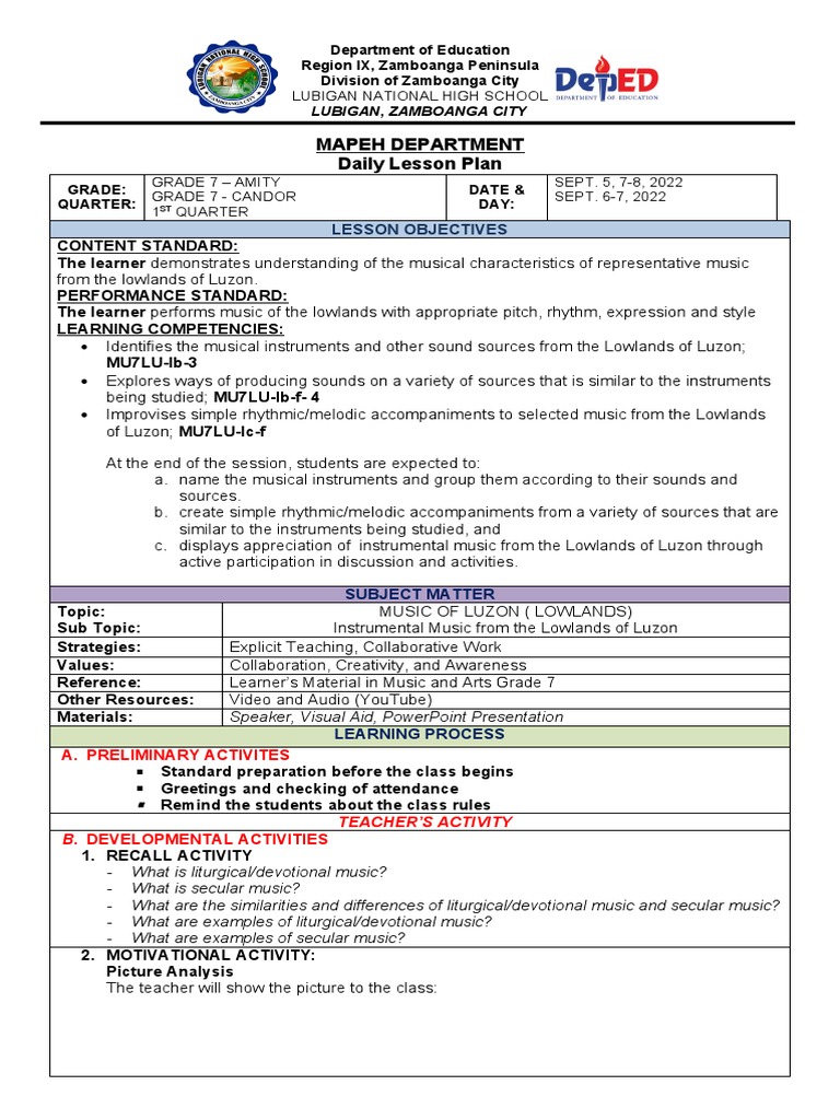 Grade 7 Music Lesson Plan: Luzon Instruments | PDF | Learning | Lesson Plan