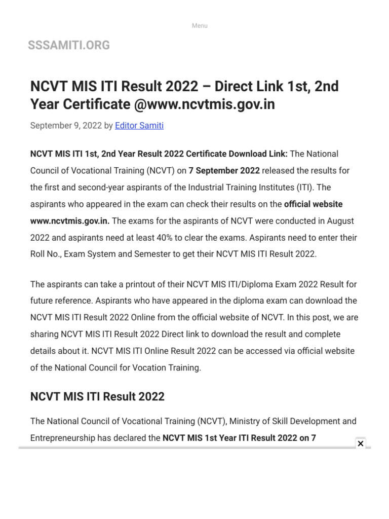 NCVT MIS ITI Result 2022 - Direct Link 1st, 2nd Year Certificate @WWW ...