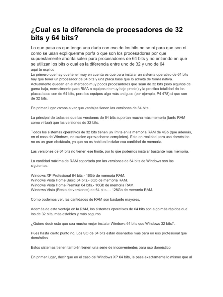 Cual es la diferencia de procesadores de 32 bits y 64 bits pdf