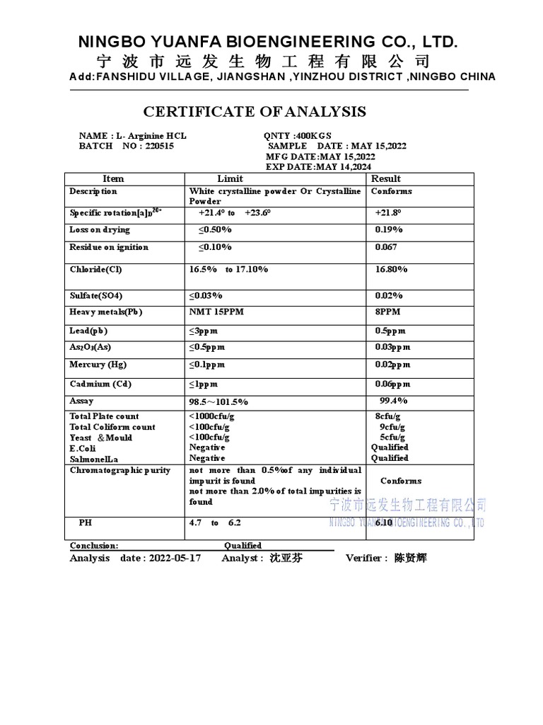L-Arginine HCL Certificate of Analysis | PDF