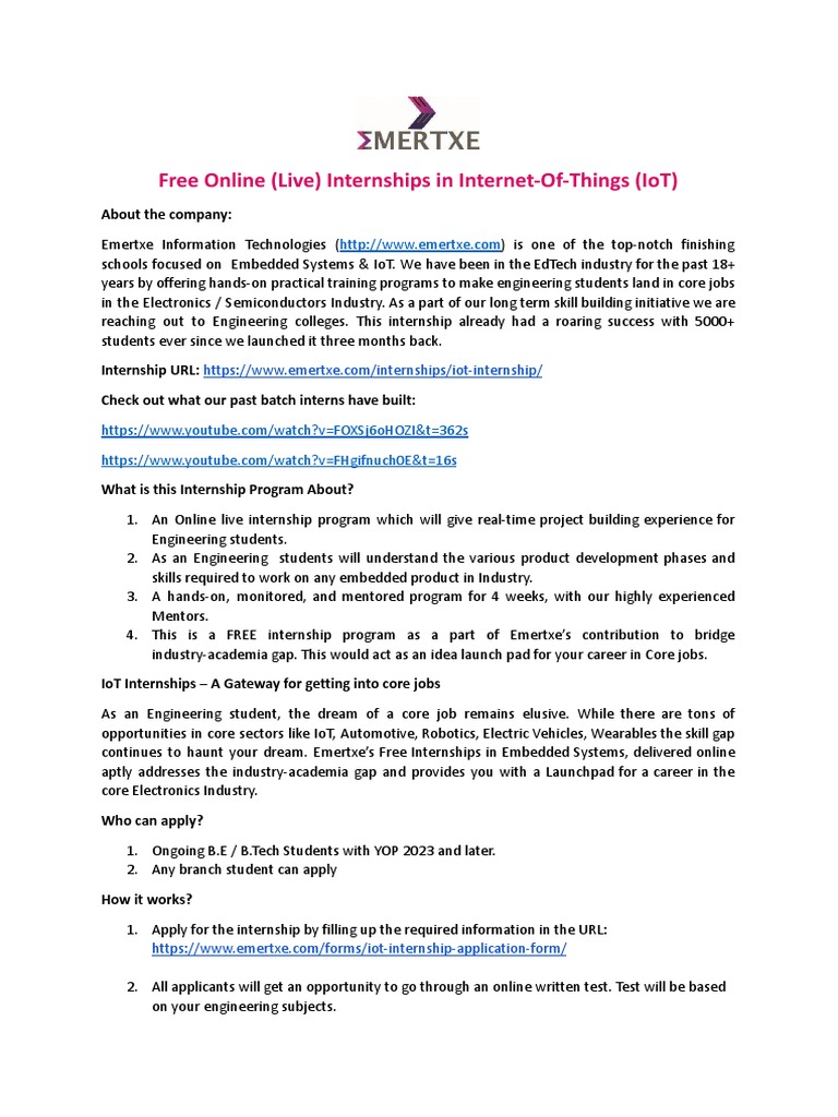 Emertxe Online Internship Iot Pdf Internet Of Things Internship