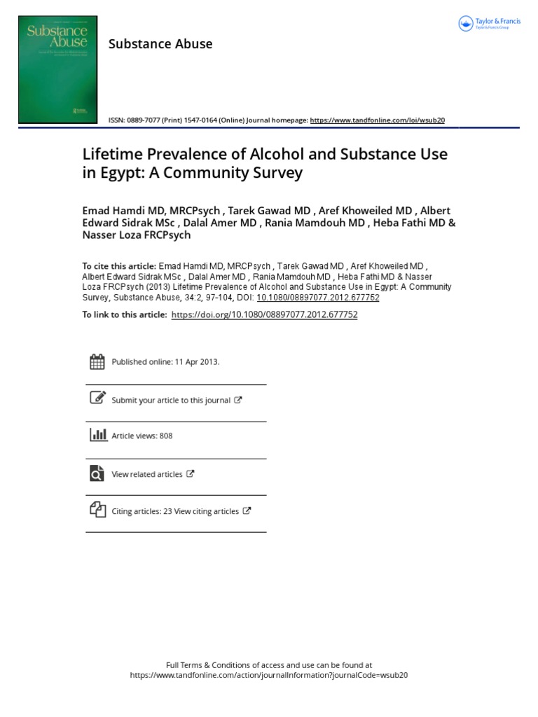 Lifetime Prevalence of Alcohol and Substance Use in Egypt A Community Survey PDF Substance