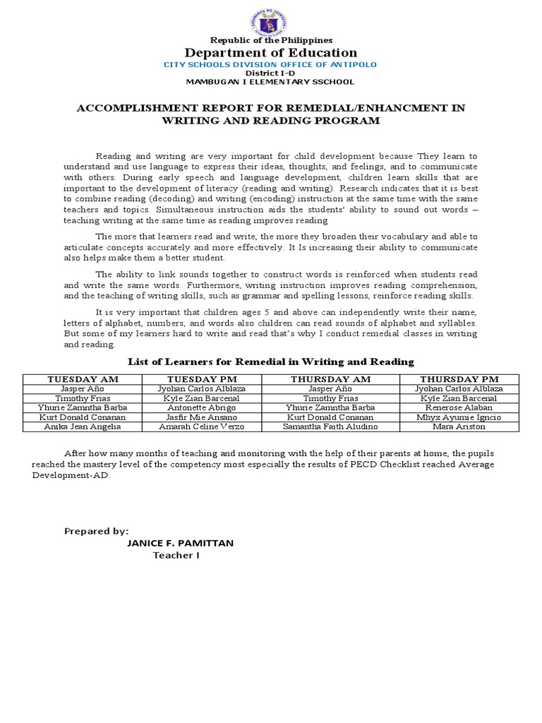 Improving literacy skills through remedial reading and writing program ...