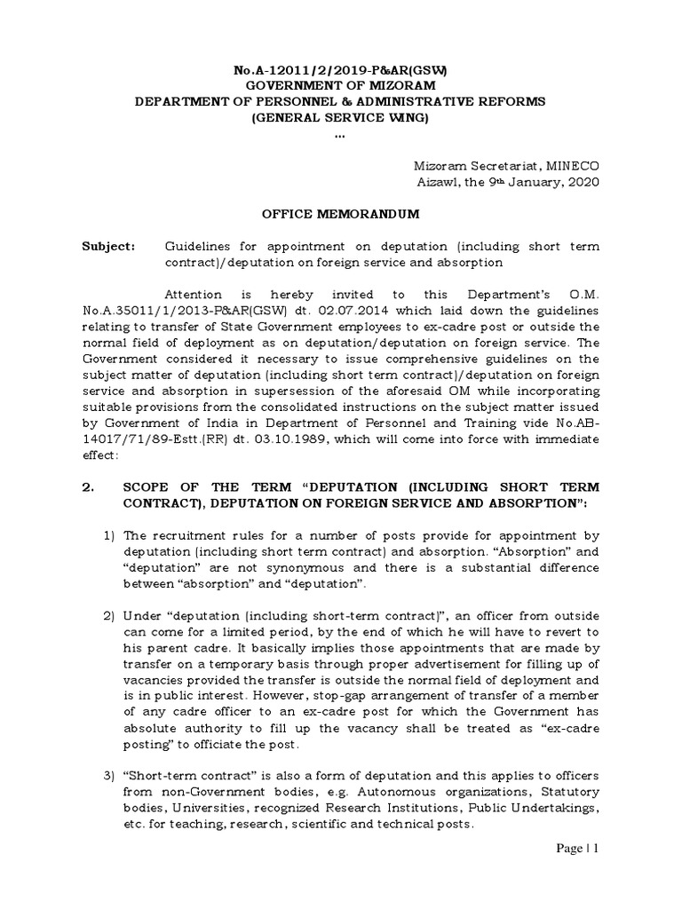 Om On Guidelines For Deputation and Absorption DT 09012020 | PDF ...