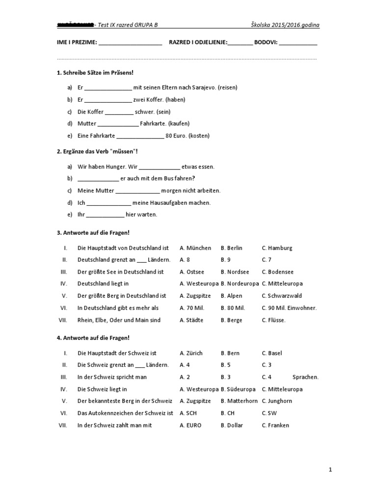 Test 9 Razred I.polugodiste B GRUPA | PDF