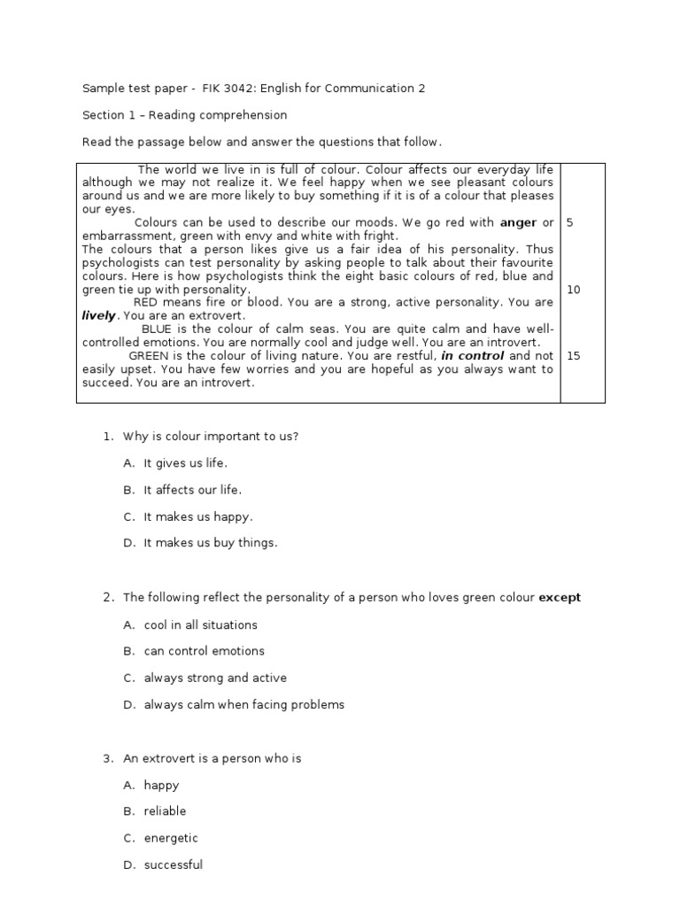 Sample Test Paper FIK 3042  Extraversion And Introversion 
