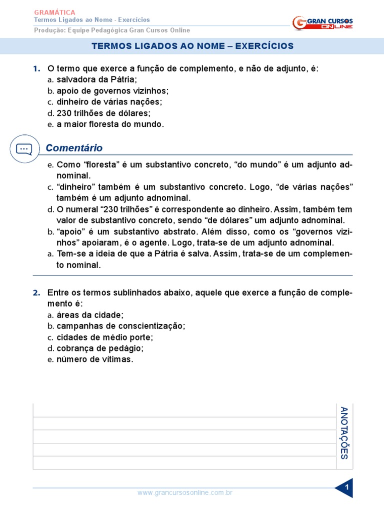 Exercícios sobre Termos Ligados ao Nome | PDF | Ciências Sociais