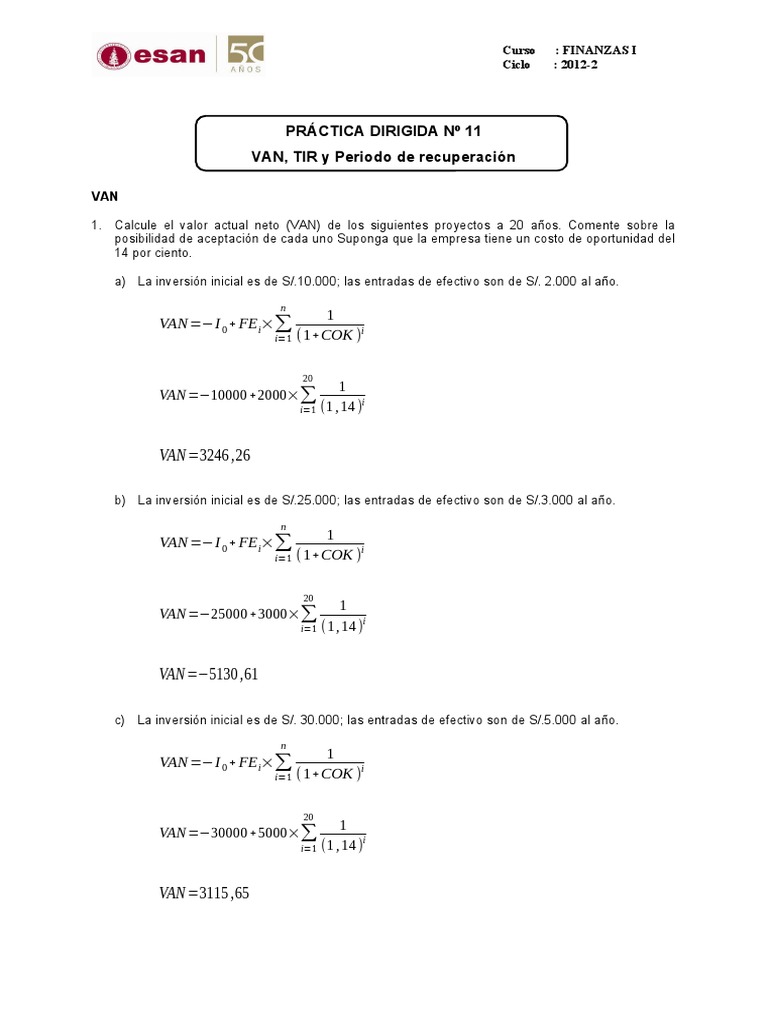 11ra PD FINANZAS.I IMPARES | PDF | Tasa interna de retorno | Valor ...