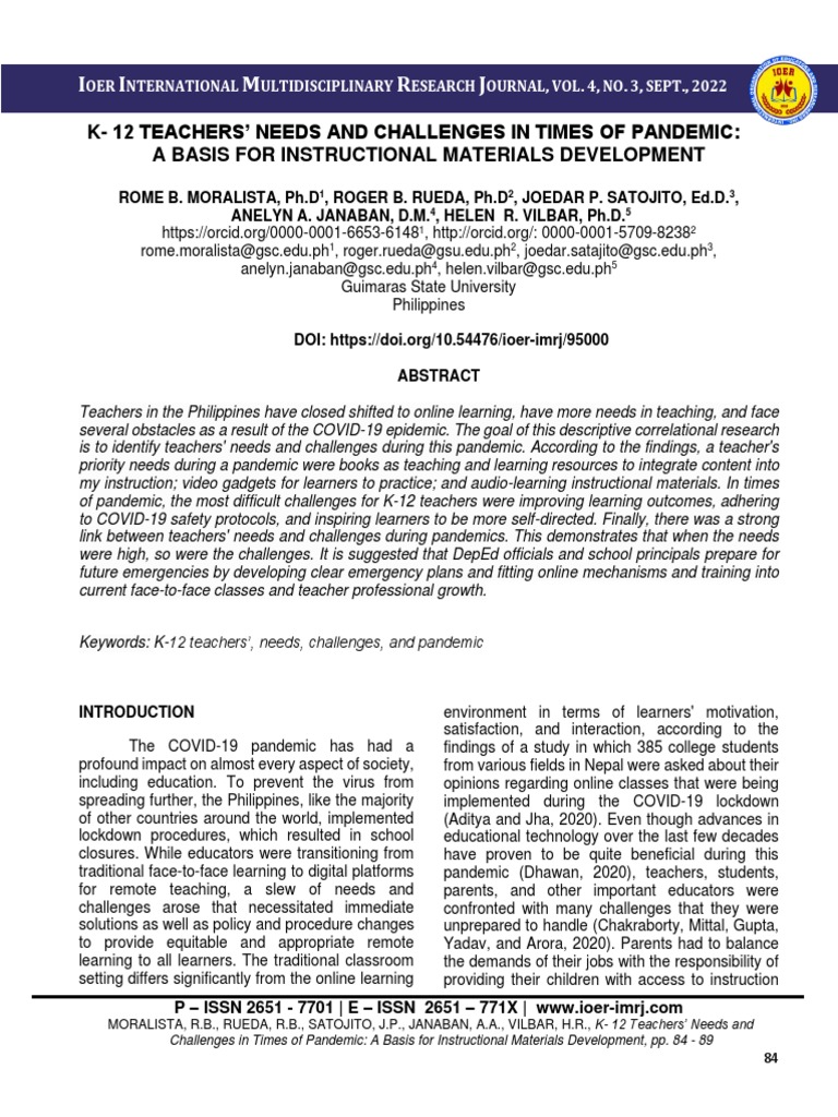 K 12 Teachers' Needs and Challenges in Times of Pandemic A Basis For