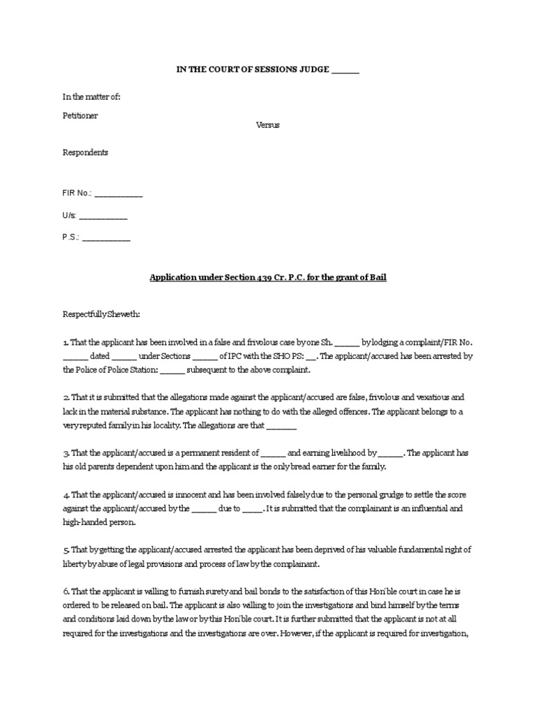 Application Under Section 439 CRPC For The Grant of Bail | PDF | Bail ...