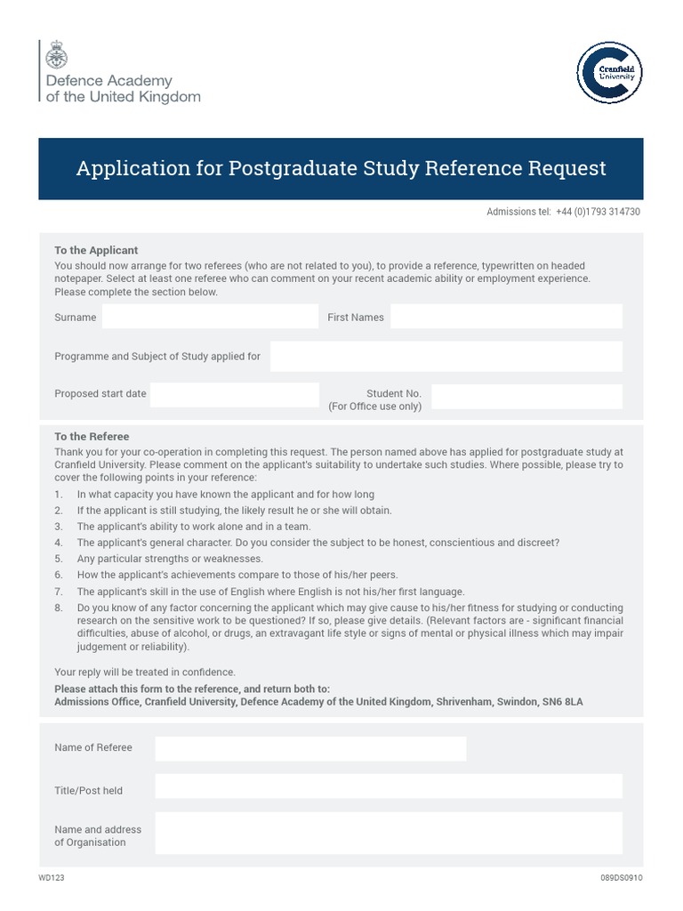 Postgraduate Reference Request Form | PDF | Psychology