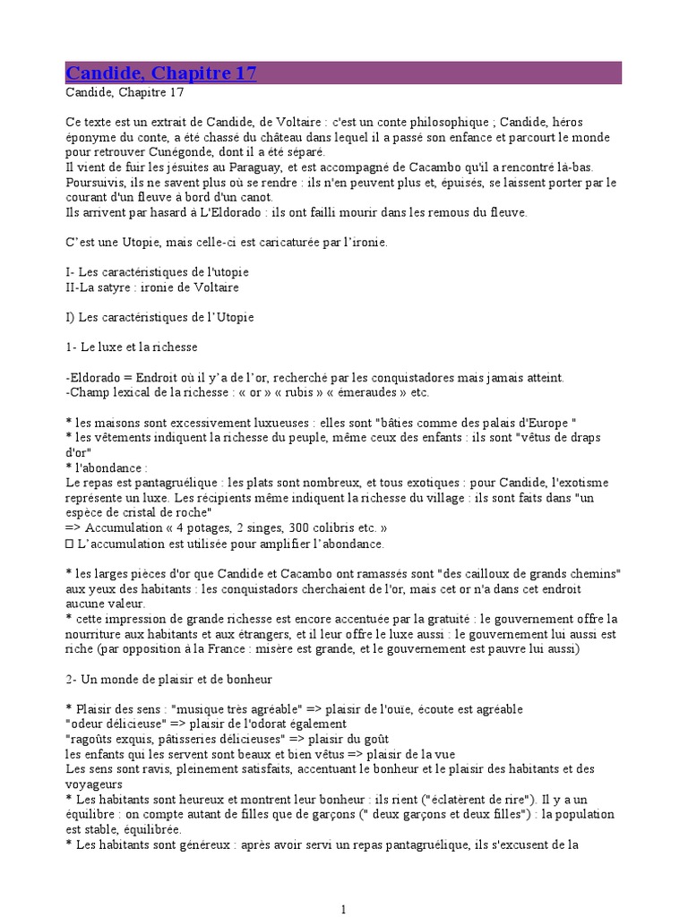Analyse du Chapitre 17 de Candide | PDF | Candide | Voltaire